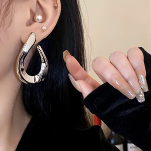 Detailed macro shot of chunky silver-toned twisted metal hoop earring worn on ear