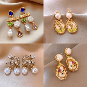 Orecchini a Goccia Stile Palazzo Francese Retro con Perno in Argento Sterling 925 Vintage Medievale Perla Artificiale Strass Smalto Orecchini Pendenti Donna Gioielli