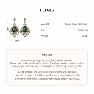 Vintage green teardrop earrings detail with size and 925 silver needle specifications