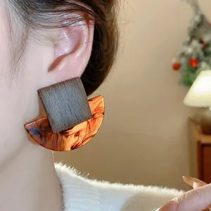 Artistic retro square wood and tortoiseshell resin stud earrings with silver needles