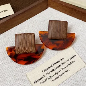 Vintage square wooden and amber resin stud earrings for women with elegant classical style