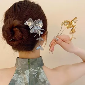 Elegant Metal Flower Tassel Hairpin Rhinestone Inlaid Chinese Style Hair Stick For Women Gold Silver Hair Fork Banquet Accessory