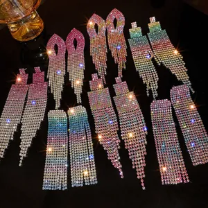 Women Gradient Colorful Rhinestone Geometric Tassel Earrings Copper Dangle Drop Earrings With Silver Earring Post Sweet Jewelry