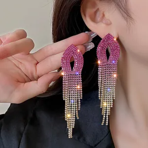 Elegant sparkling pink gradient rhinestone tassel earrings with silver needles for women