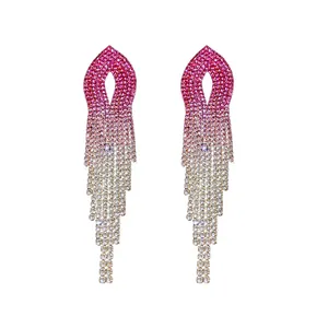 Elegant pink gradient rhinestone tassel earrings with geometric silver needle design