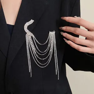 Luxury Copper Zirconia Multi-Layer Tassel Brooch For Women Elegant Silver Plated Geometric Drip Chain Pin Jewelry Gift