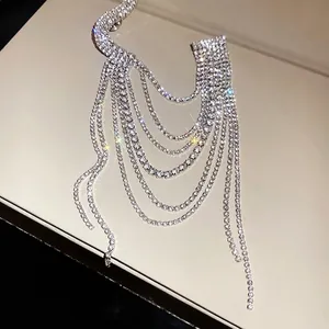 Exquisite silver multi-layer rhinestone tassel brooch with elegant sparkling crystals