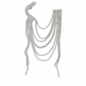 Elegant silver multi-layered tassel brooch fully encrusted with sparkling rhinestones