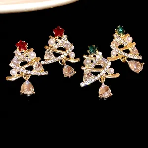 Orecchini a Bottone a Forma di Albero di Natale di Lusso Con Perno in Argento Sterling 925 Strass Perla Artificiale Placcati Oro Donna