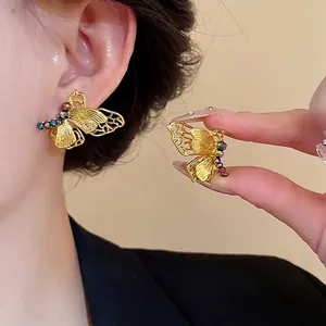 Vintage Hohle Gold Schmetterling Ohrstecker Für Damen Mit 925 Sterling Silber Ohrstecker-Stift Luxus Strass Eingelegter Schmuck