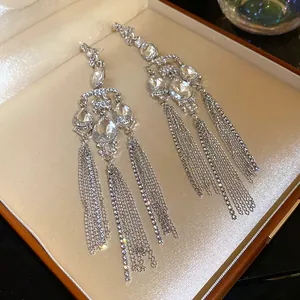 Macro view of luxurious silver fringe earrings with sparkling oval crystals