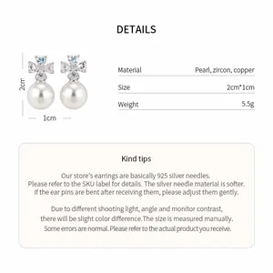 Detail view of zircon flower pearl earrings with material and size specifications.