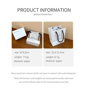 Detailed dimensions and weight of the cream white jewelry gift box and paper bag.