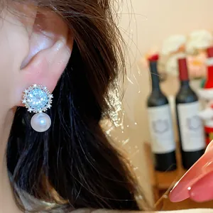 Elegant silver needle flower-shaped zircon and pearl drop stud earrings for women