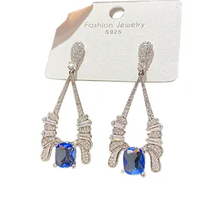 Vintage court style geometric earrings with blue zircon and S925 silver needle