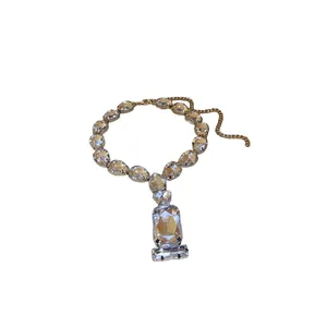 Statement luxury rhinestone choker necklace with large water drop and square pendants