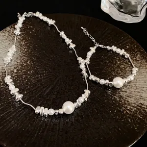 Titanium steel necklace and bracelet set with pearls and shattered silver beads design