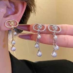 Vintage 18K Gold Plated Copper Zirconia Oval Rose Flower Clip-on Earrings With Artificial Pearl Tassel Fashion Jewelry For Women