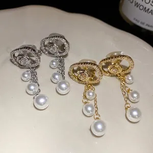 Vintage 18k gold plated zircon oval pearl tassel clip-on earrings for women