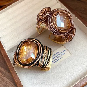 Bracciale Rigido Aperto in Metallo Intrecciato Bohemien Con Grande Pietra in Vetro Ambra Quadrata Tonda Gioielli Vintage Lusso
