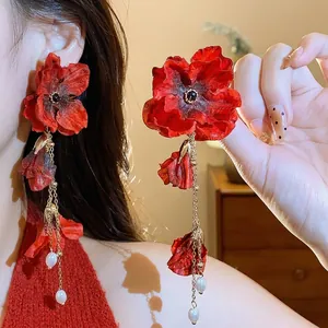 Red Fabric Flower Tassel Earrings For Women Elegant Artificial Pearl Drop Earrings With 925 Sterling Silver Earring Post Floral Jewelry