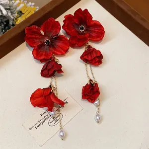 Elegant vintage style red fabric flower dangle earrings with pearl tassels for women