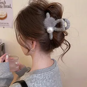 Women Gray Flocked Fur Ball Artificial Pearl Shark Clip Elegant Fashion Commuting Autumn Winter Hair Claw Hair Accessories