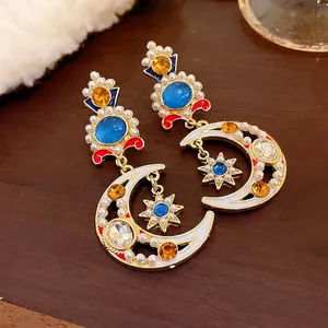 Orecchini Pendenti Stella e Luna Stile Palazzo Vintage Con Perno in Argento Sterling 925 Smalto Strass Perla Artificiale Gioielli