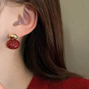 Vintage Red Artificial Pearl Zirconia Stud Earrings For Women 925 Sterling Silver Post New Year Red Heart Round Earrings Jewelry