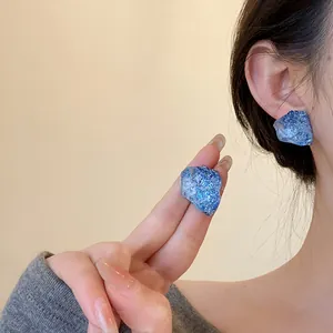 Stylish blue irregular resin stud earrings with S925 silver needle, Korean fashion style