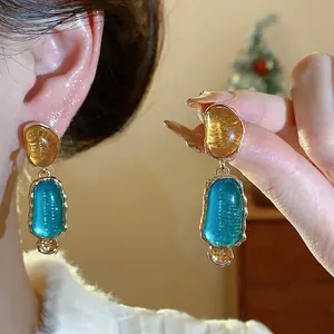 Light Luxury Resin Irregular Oval Stud Earrings For Women Vintage Color Block Geometric Ear Jewelry With Silver Earring Post