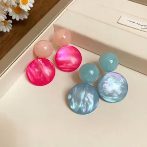 Vintage Resin Geometric Drop Stud Earrings For Women Simple Hong Kong Style Pink Blue Silver Earring Post Jewelry Gift