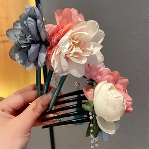 Damen U-Förmiger Haarstab Im Neuen Chinesischen Stil Mit Stoffblume Und Künstlicher Perlenquaste Antiker Haarschmuck