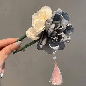 U-förmige Haarnadel im neuen chinesischen Stil mit Stoffblumen, Perle und Quaste