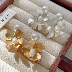 French Vintage Matte Flower Dangle Earrings With Freshwater Pearl Silver Earring Post Elegant Jewelry For Women