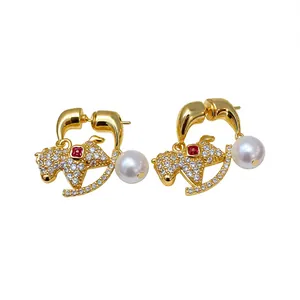 18K gold plated rocking horse earrings with pavé crystals and elegant pearl drops