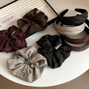 Women Vintage Fabric Striped Headband Scrunchie Herringbone Wide Hair Band Minimalist Elegant Autumn Winter Hair Accessories