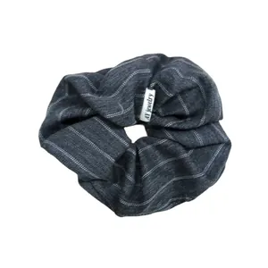 Vintage striped fabric scrunchie hair tie in dark grey and white stripes