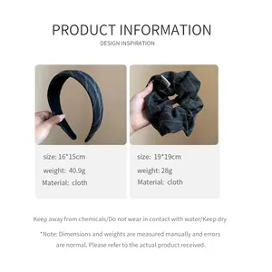 Grey striped fabric headband and scrunchie set with product specifications