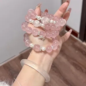 Eleganti bracciali di perline di quarzo rosa con perle e bracciale in giada traslucida