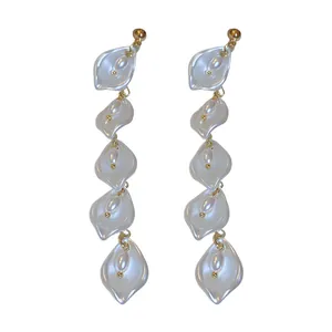 Elegant lily of the valley dangling drop earrings with five layered white floral petals