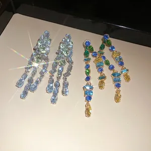 925 Sterling Silver Earring Post Oval Zirconia Tassel Drop Earrings For Women Light Luxury Multicolored Cubic Zirconia Dangle Earrings