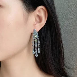 Elegant S925 silver needle oval zircon tassel drop earrings featuring light blue stones