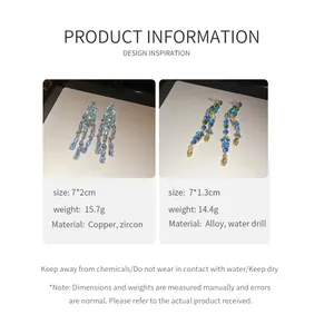 Product specification details for elegant zircon tassel earrings with dimensions and materials