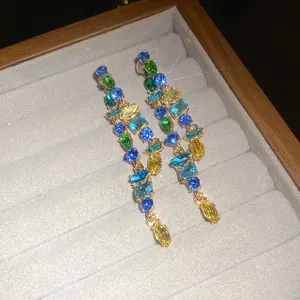 Elegant multi-colored zircon tassel earrings with sparkling crystal stones for formal wear