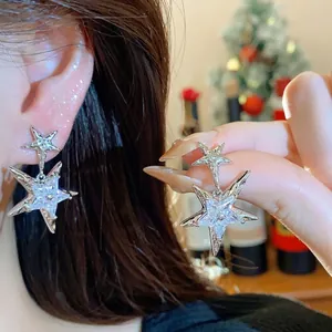 Korean Double Star Zirconia Stud Earrings With 925 Sterling Silver Earring Post Minimalist Light Luxury Copper Silver Earrings For Women Fashion Jewelry
