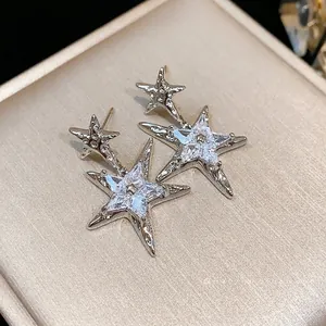 Elegant Korean style silver star stud earrings with sparkly zircon crystals for women