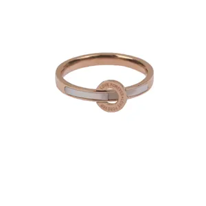 Elegant rose gold ring with white shell inlay and Love Forever circular engraving