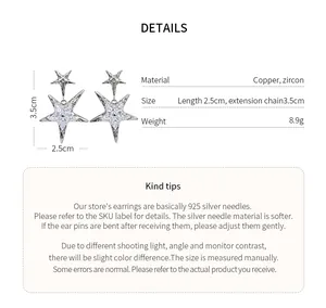 Detailed size and material specifications for elegant silver star drop earrings with zircon