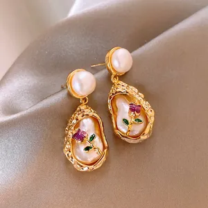 Boucles d'Oreilles Bouquet de Fleurs en Perles Artificielles Vintage Français Tige en Argent Sterling 925 Plaqué Or Baroque